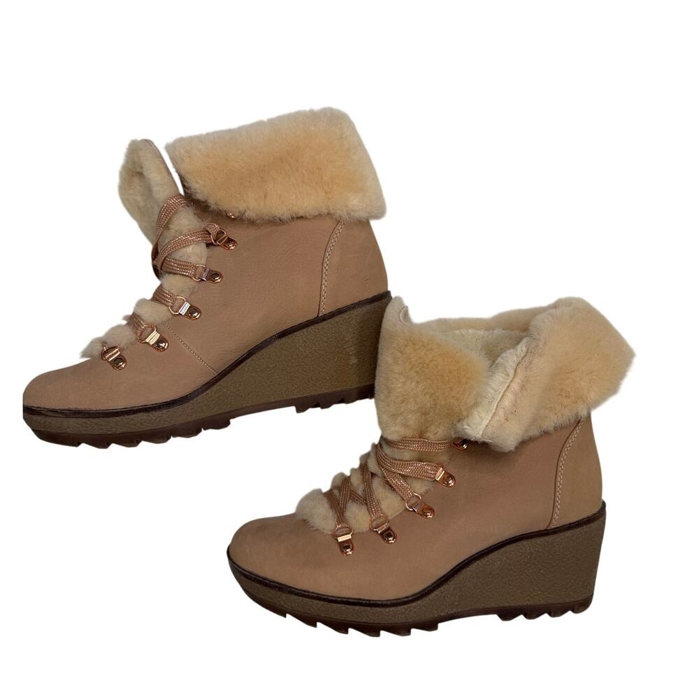 J.Crew Nordic Shearling Wedge Boots Size 9 Nubuck Leather Fur Lined Après Ski